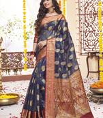 Navy blue woven tissue saree with blouse