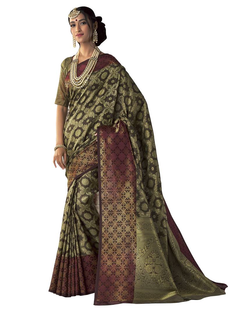 Mehendi woven banarasi saree with blouse