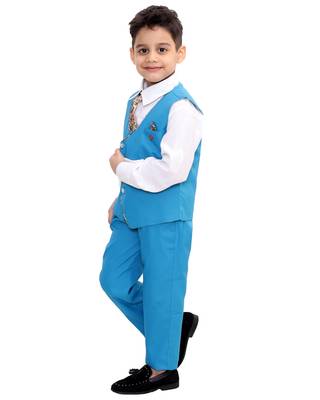 Blue plain cotton silk boys-suit 4