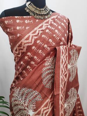 Red embroidered tussar silk saree with blouse 1