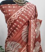 Red embroidered tussar silk saree with blouse