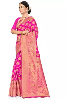 Pink Woven Art Silk Saree With Blouse