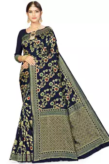 Dark blue woven art  silk saree with blouse