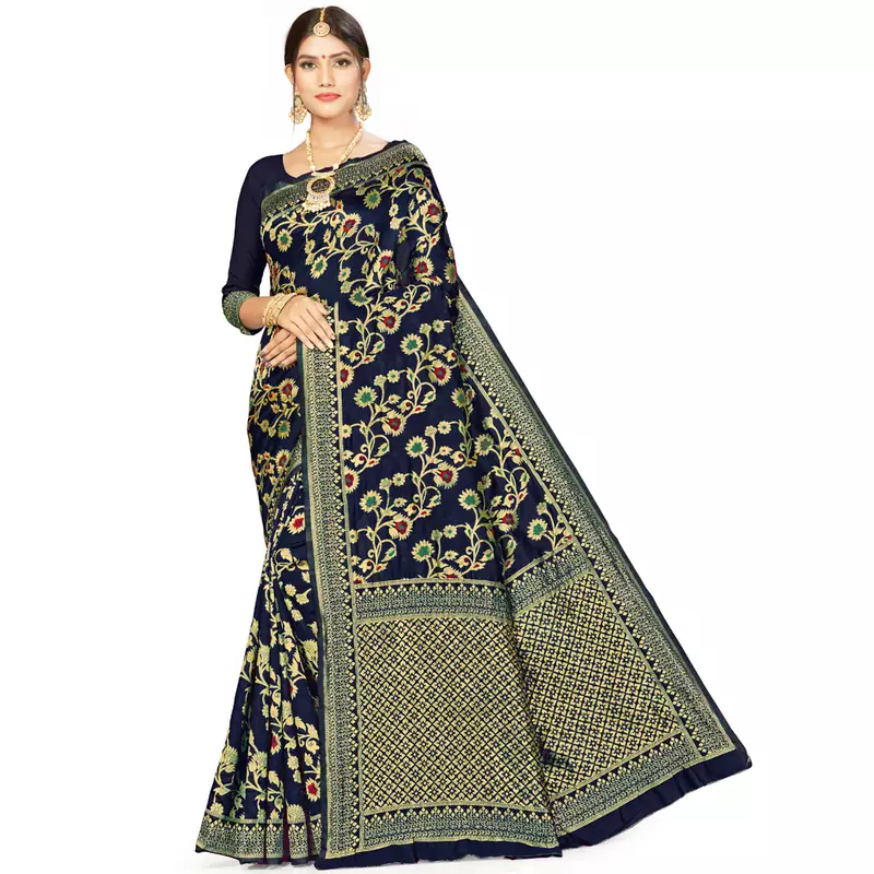 Dark blue woven art  silk saree with blouse