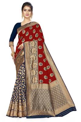 Red woven banarasi silk saree with blouse 1