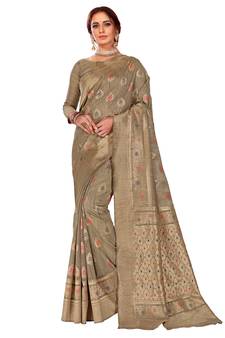 Beige woven silk blend saree with blouse