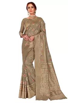 Beige woven silk blend saree with blouse