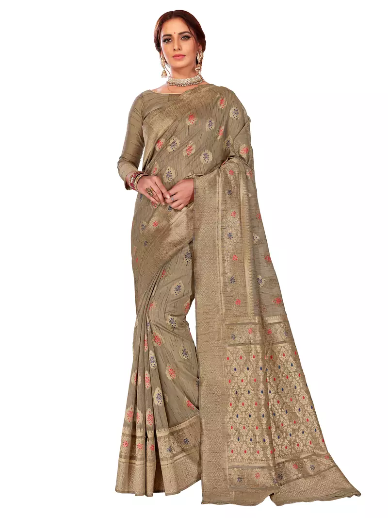 Beige woven silk blend saree with blouse