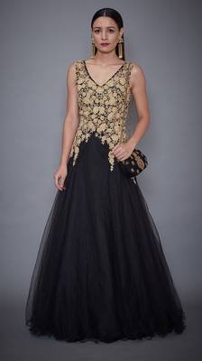 Ri Ritu Kumar V Neck Sleeveless Black Embroidered Gown 1