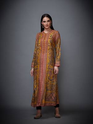 Ri Ritu Kumar High Neck Full Sleeves Mustard & Beige Printed Jacket 1
