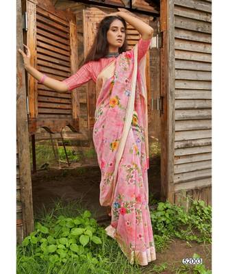 pink printed linen saree with blouse 1