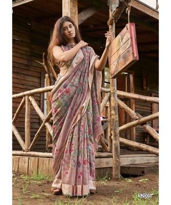 brown printed linen saree with blouse 1