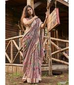 brown printed linen saree with blouse