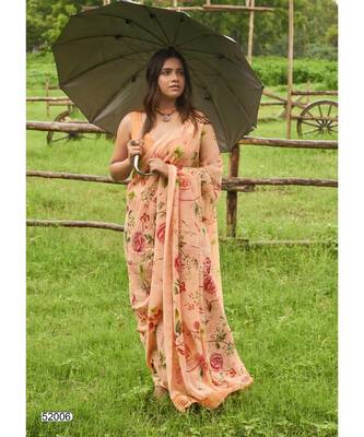 peach printed linen saree with blouse 2