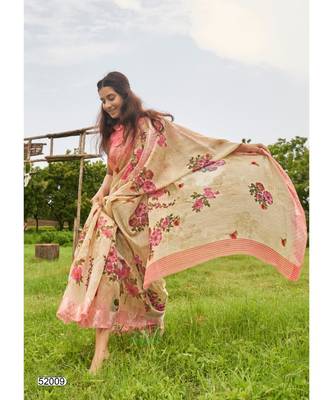 beige printed linen saree with blouse 2