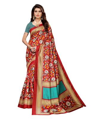 red printed art silk saree with blouse 1