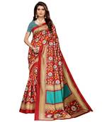 red printed art silk saree with blouse