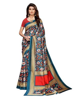 green printed art silk saree with blouse 1