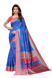 blue printed art silk saree with blouse