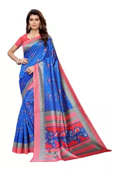 blue printed art silk saree with blouse