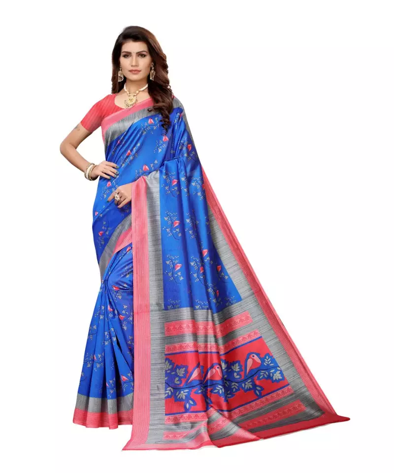 blue printed art silk saree with blouse