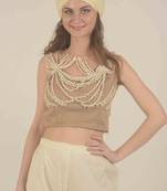 Beige net blouse with dori work