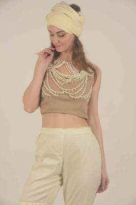 Beige net blouse with dori work 2