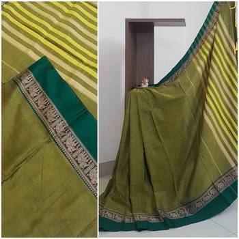 Mehendi green traditional south cotton saree with woven border with elephant motif 1