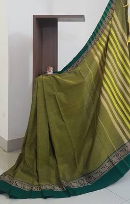 Mehendi green traditional south cotton saree with woven border with elephant motif 3