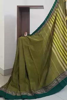 Mehendi green traditional south cotton saree with woven border with elephant motif