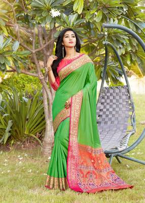green banarasi Plain Heavy Bordered Designer Saree For 2