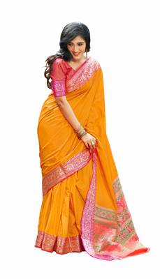 yellow banarasi Plain Heavy Bordered Designer Saree For 1