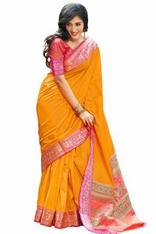 yellow banarasi Plain Heavy Bordered Designer Saree For