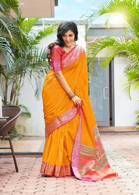 yellow banarasi Plain Heavy Bordered Designer Saree For 2