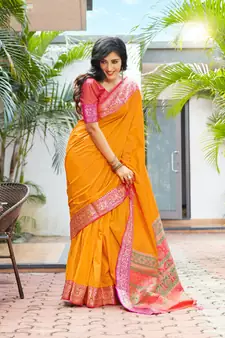 yellow banarasi Plain Heavy Bordered Designer Saree For