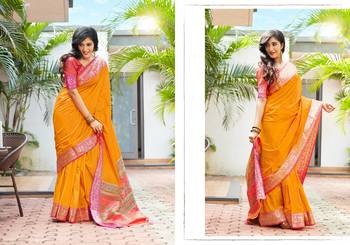 yellow banarasi Plain Heavy Bordered Designer Saree For 3