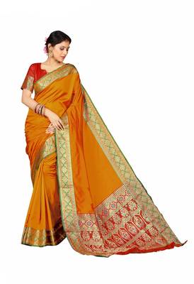 orange banarasi Plain Heavy Bordered Designer Saree For 1