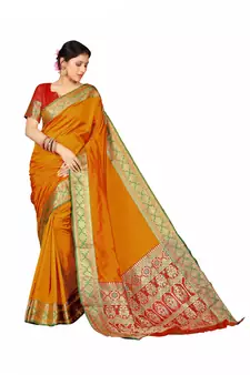 orange banarasi Plain Heavy Bordered Designer Saree For