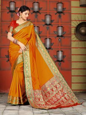 orange banarasi Plain Heavy Bordered Designer Saree For 2