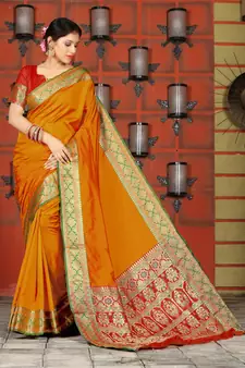orange banarasi Plain Heavy Bordered Designer Saree For