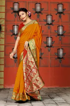 orange banarasi Plain Heavy Bordered Designer Saree For