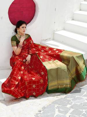 red Soft Weaving Silk Woven Chex Designer Saree For Women 2