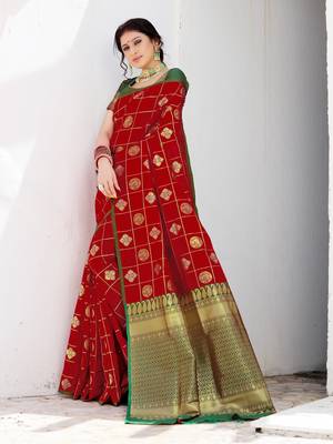 red Soft Weaving Silk Woven Chex Designer Saree For Women 3