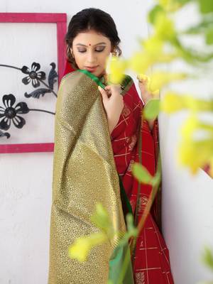 red Soft Weaving Silk Woven Chex Designer Saree For Women 4