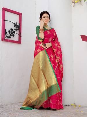 pink Soft Weaving Silk Woven Chex Designer Saree For Women 2