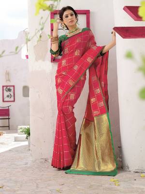 pink Soft Weaving Silk Woven Chex Designer Saree For Women 3