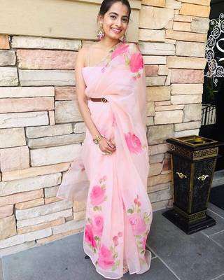 Light Pink Painted Organza Saree With Blouse 1