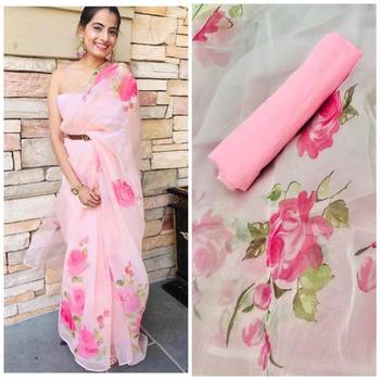 Light Pink Painted Organza Saree With Blouse 2