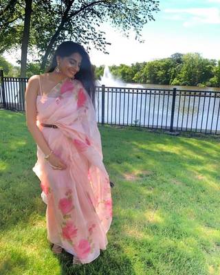 Light Pink Painted Organza Saree With Blouse 3