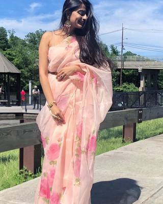 Light Pink Painted Organza Saree With Blouse 4